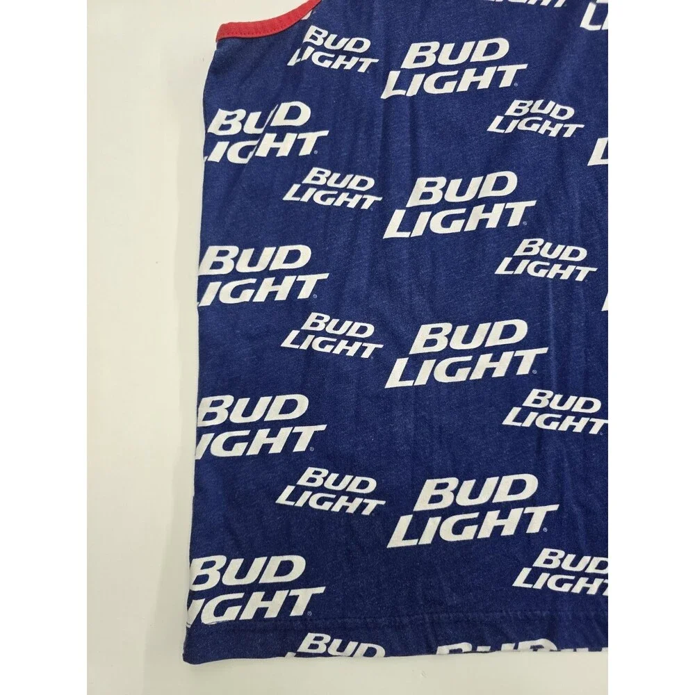 Bud Light Beer Men's Tank Top All Over Print Logo Blue Red Trim Size XL 46/48